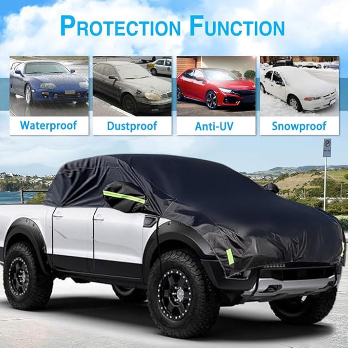 Half Car Cover All Weather Car Body Cover for All Season Sunshade Cover Snow Cover Waterproof 420D Oxford Fabric (Fit Small and Medium Size Pickup (Crew Cab))