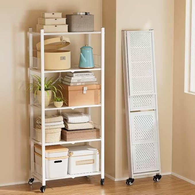 5-Tier Folding Shelves with Wheels, 1100LBS Heavy Duty Metal Foldable Shelving Unit, No Assembly Collapsible Storage Rack Organizer for Garage, Kitchen, Pantry, Basement, Gym - White