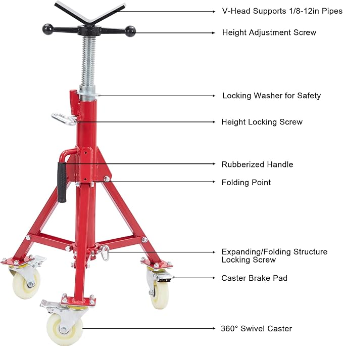 Towallmark V-Head Pipe Jack Stand with Casters, 28-52 Inch Adjustable Height,1/8"-12" Capacity, 2500 lb Load Capacity,Heavy Duty Carbon Steel Body, Steel Jack Stands with Portable Folding Legs