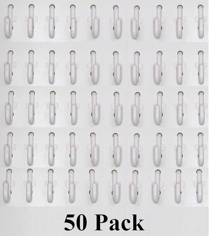 JSP Manufacturing Peg Board Plastic J Hook Style Hooks | Garage Tool Storage Craft Hooks Pegboard Asscessories (50, White)