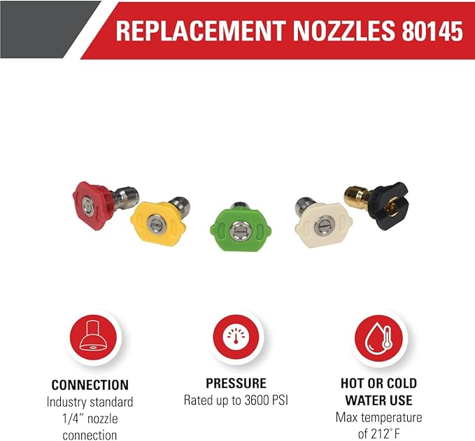 Simpson Cleaning 80145 3600 PSI Universal Pressure Washer Nozzles, 1/4-Inch Quick Connect, Hot- or Cold-Water Use, Set of 5