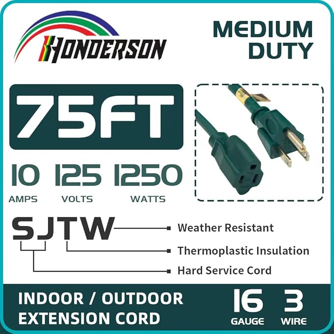 75FT Outdoor Extension Cord-16/3 SJTW Durable Green Extension Cable with 3 Prong Grounded Plug for Safety,Great for Outside Christmas Decorations