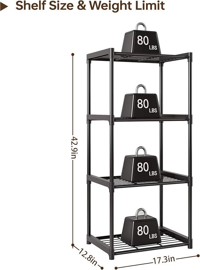 4-Tier Storage Shelves with Plastic Connectors – Metal Shelf Organizer for Pantry, Closet & Bathroom, Space-Saving Sturdy Shelving Unit Rack, Black, 17.3" x 12.8" x 42.9"