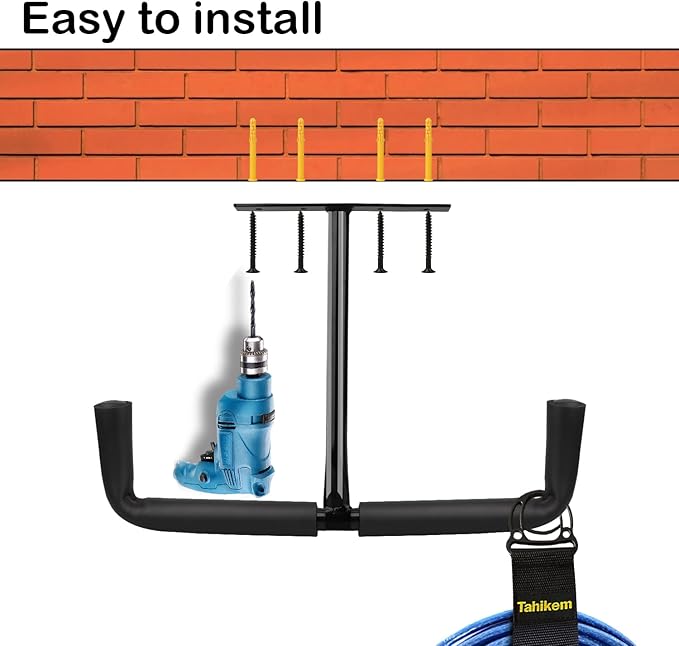 4 Set Overhead Garage Storage Rack, Heavy Duty Overhead Storage Double Hook, Ceiling Mount Hanger Safe Racks Hooks, Hanging for Lumber Ladder Storage & Other Bulky Items (Pack of 4 - Black)