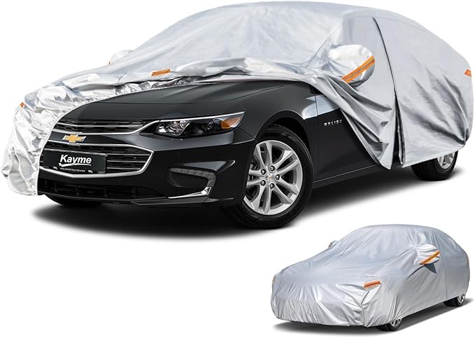 Kayme 6 Layers Car Cover Custom Fit for Chevrolet Chevy Malibu (1997-2025) Waterproof All Weather for Automobiles, Outdoor Full Cover Rain Sun UV Protection.Silver