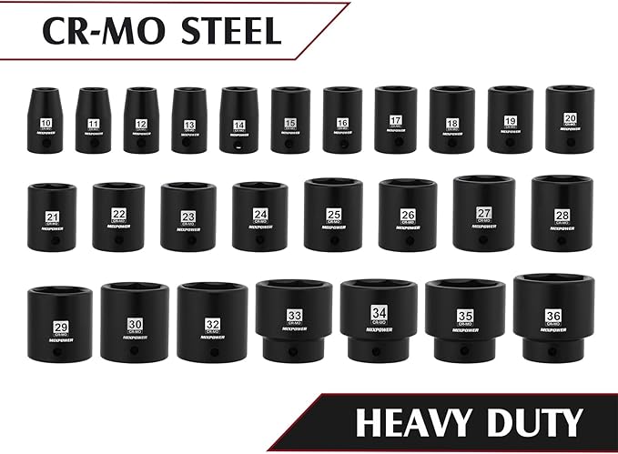 MIXPOWER 26 Piece 1/2 Inch Drive Impact Socket Set,Metric,Shallow,10mm to 36mm, Cr-Mo Alloy Steel, Radius Corner Design, Impact Grade