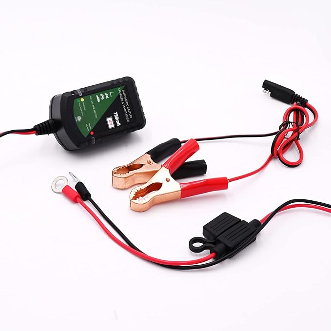 12 Volt Battery Charger 750mA Automatic Battery maintainer trickle Battery Charger Smart Float Charger for Automotive car Motorcycle Lawn Mower Boat ATV Sealed Lead Acid Batteries