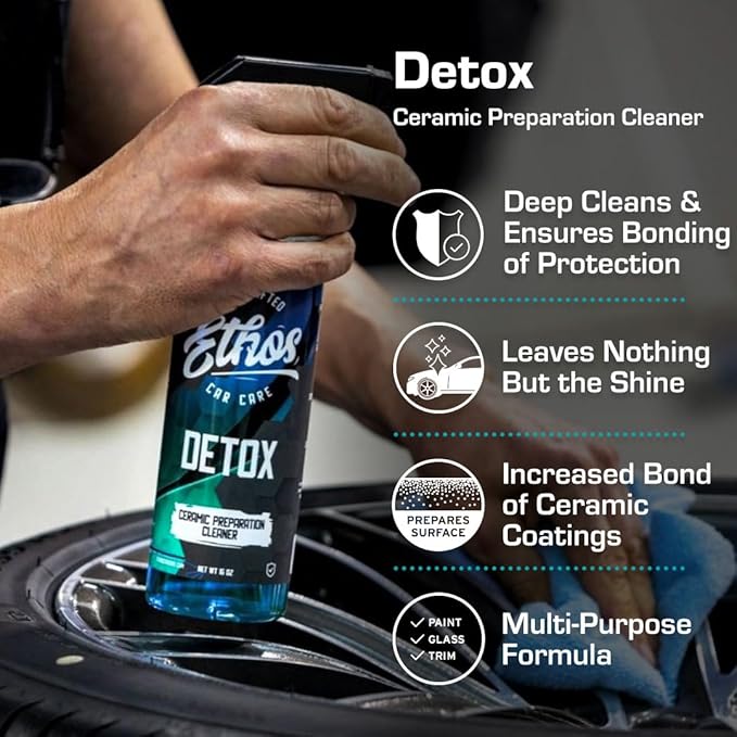 Ethos DETOX - Ceramic Coating Prep Spray, Panel Wipe, Glass Cleanser - Remove Your Old Ceramic Coating, Wax, or Sealant - Multi-Purpose Formula - Leaves Nothing But the Shine