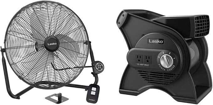 Lasko Metal Commercial Grade Electric Plug-In High Velocity Floor Fan, Black H20660 & U12104 High Velocity Pro Pivoting Utility Fan for Cooling, Ventilating, Black 12104 12.2 x 9.6 x 12.3 inches