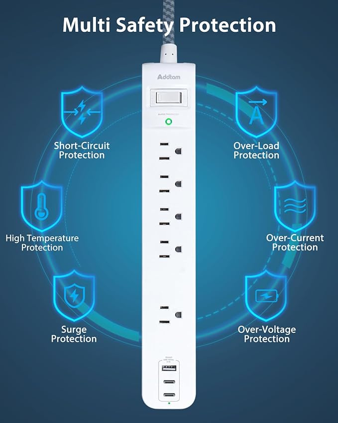 6Ft Power Strip Surge Protector, Flat Extension Cord - Outlet Extender with 2 USB C 5 Wildely AC Outlets, Flat Plug, Desktop Charging Station for College Dorm Room Essentials, White