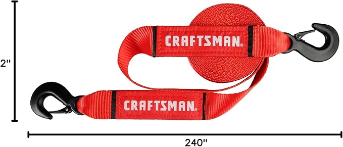 Craftsman CMXAZBS2002 Black/Red 2” x 20’ Recovery Tow Strap with Coated Steel Hook Clip Ends - 3,000 lb Safe Wortking Load / 9,000 lb Break Strength