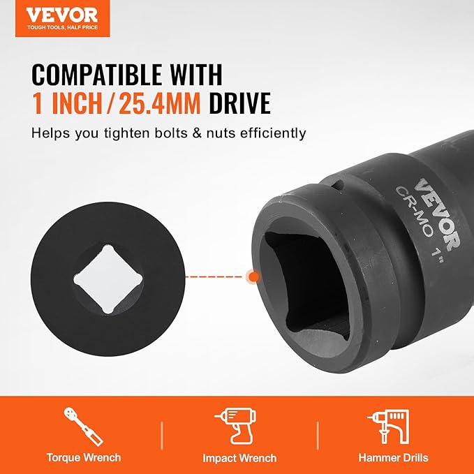 VEVOR Axle Nut Impact Socket Set - 1" Drive 6-Point 9-Piece SAE Spindle Nut Socket CR-MO Heat Treated Large Socket Set with Storage Case for Auto Repair, Removing or Installing Axle Nuts