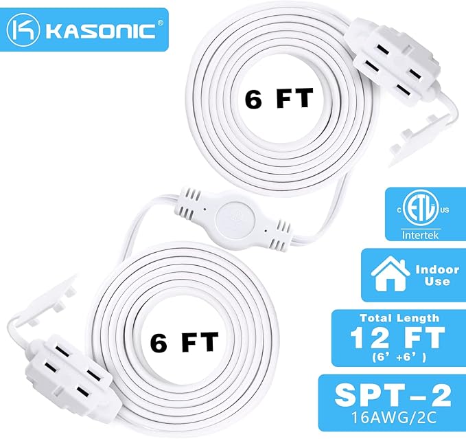 K KASONIC 12 Feet Twin Extension Cord Power Strip, 6 Feet on Each Side, Flat Head Outlet Plug,6 Polarized Outlets with Safety Cover, Double Extension Cord Splitter for Indoor Use, ETL Listed, White