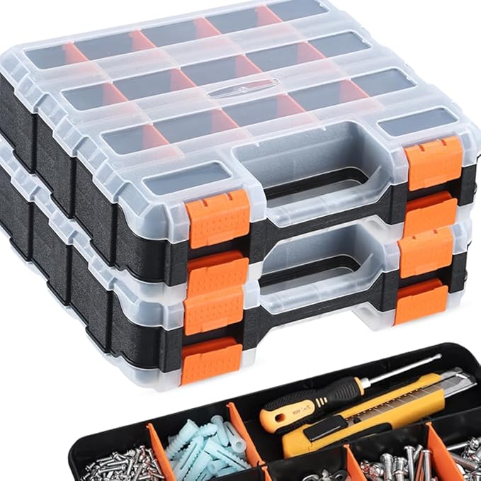 Andalus Tools Organizer Box, Small Parts Storage 34-Compartment Double-Sided Portable Hardware Organizer Removable Plastic Dividers for Screws, Nuts, Bolts, Nails – Orange (2 Pack, 12.5" x 10.5" x 3")