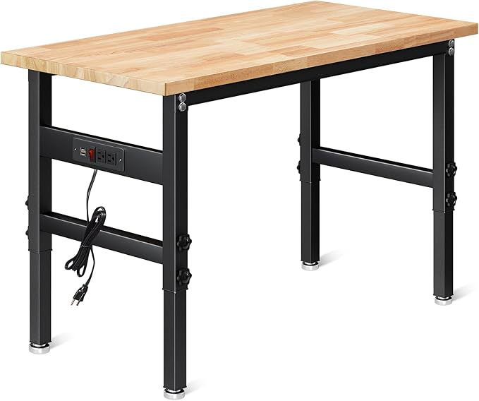 48" Work Bench for Garage, Height Adjustable Heavy Duty Rubber Wood Shop Table with Power Outlets
