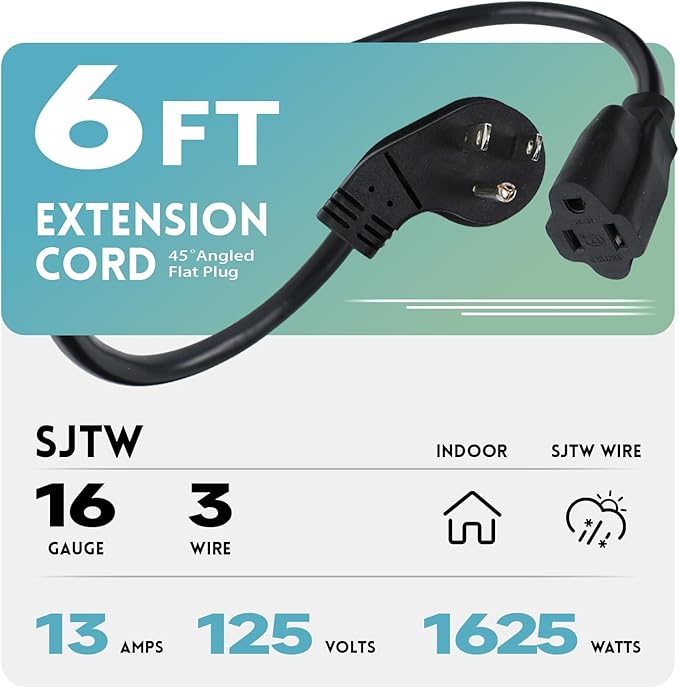 EP 2 Pack 6 Ft Flat Plug Extension Cord, 16 AWG 3 Prong Grounded Black Low Profile Extension Cable for Indoor