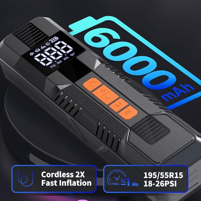 Tire Inflator Portable Air Compressor, 150PSI Air Pump for Cars Tires, LCD Display Tire Pressure Gauge 6000mAh & LED Light, Cordless Portable Air Compressor for Cars, Motorcycles, Bikes, Balls