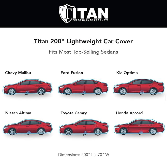 Titan Lightweight Poly 210T Car Cover for Sedans 186-202". Waterproof, UV Protection, Scratch Resistant, Driver-Side Zippered Opening. Fits Camry, Accord and More.