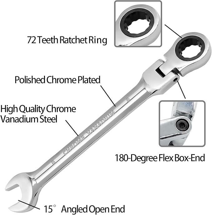 8mm Flex Head Ratchet Wrench, 12 Point Chrome Vanadium Steel Combination Spanner with 72 Tooth Ratcheting Gear, Metric Industrial Grade Tool for Automotive and Mechanical Maintenance