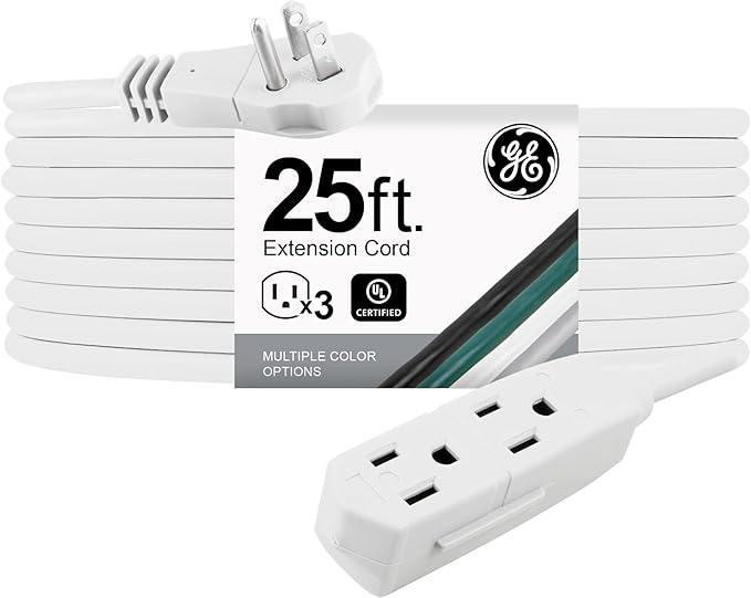 GE 3-Outlet Flat Extension Cord 25 Ft Grounded Extension Cord with Multiple Outlets 3 Prong Outlet Extender Flat Plug Indoor Power Strip 16 Gauge UL Listed White 69920