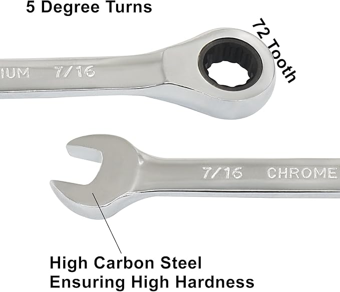 2 Pcs 7/16 Inch Ratchet Wrench Imperial Ratcheting Combination Wrench Set, 12 Point, 72 Teeth for Projects SAE Tight Spaces