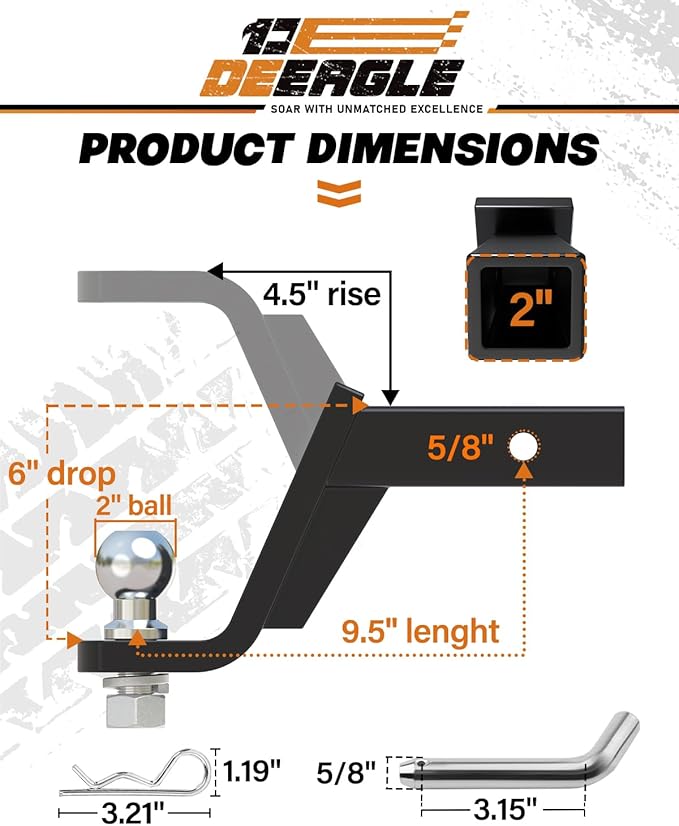 DEEAGLE 2 in Ball Hitch with Pin, Heavy Duty Steel Receiver Hitch, Fits 2 in Receiver, 7500lbs, 6 in Drop