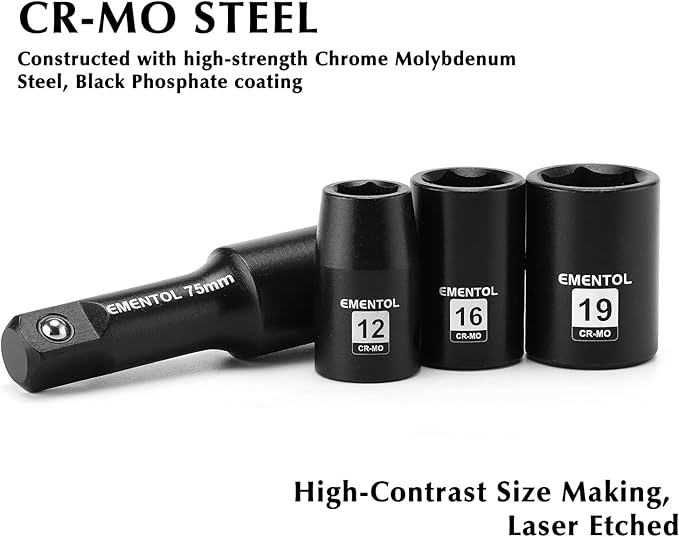 EMENTOL 30PCS 1/2" Drive Shallow Impact Socket Set, Metric, 10mm - 36mm, CR-MO, 6 Point, Includes 3-inch and 6-inch Imapct Extension Bars, 1/4"-1/2" Drill Adapter