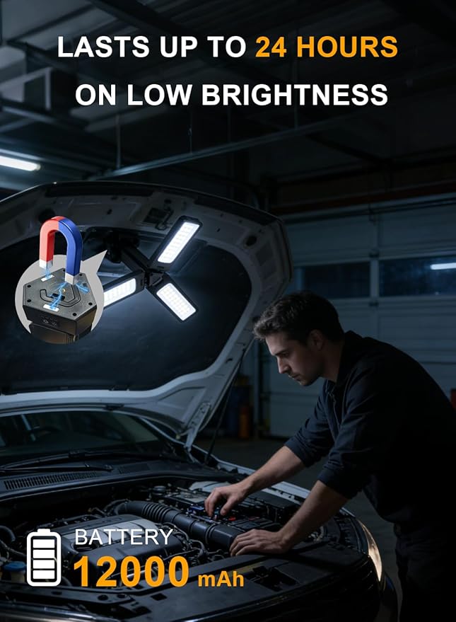 12000mAh Rechargeable LED Work Light with 74.8" Tall Stand, 2000/2500/3000 Lumens, Portable Cordless Work Light, 3000K/4500K/6000K Dimmable Camping Light with Detachable Tripod (Carrying Bag Included)