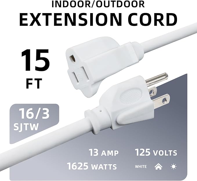 EP 2 Pack 15 Ft Outdoor Extension Cord - 16/3 SJTW White Electrical Cable with 3 Prong Grounded Plug