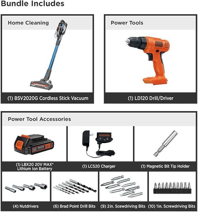 BLACK+DECKER 20V MAX Cordless Drill/Driver Kit with POWERSERIES Extreme Cordless Stick Vacuum, Blue (LD120VA & BSV2020G)