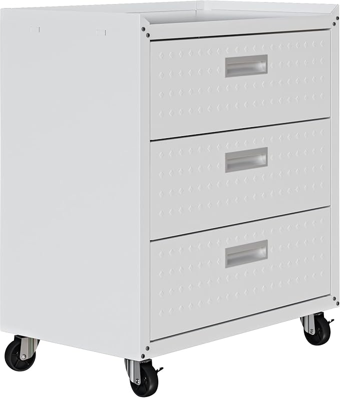 Manhattan Comfort Fortress 31.5-Inch Rolling Garage Tool Chest, 3-Drawer Lockable Mobile Storage Cabinet, Diamond-Textured Steel Utility Organizer with Wheels for Basement, Workshop in White