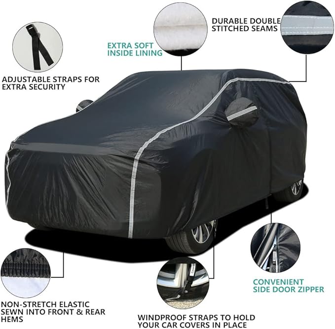Car Cover Waterproof All Weather, Coverado Soft Cotton Lined Hail Protector Car Cover with Zipper Door, Outdoor Sun UV Rain Snow Protection Car Covers for Automobiles Universal Fit SUV (170"-190")