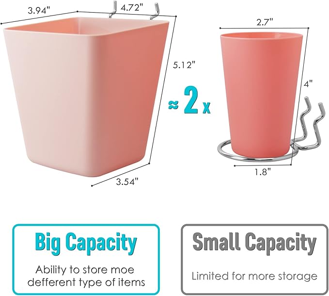 G.CORE Large Pegboard Cups Peg Board Storage Bin 6 Pack with Hooks, Square Box Shape Pegboard Cup Holder Accessories for Garage Workbench/Craft Room/Office/Playroom/Home Kitchen Organization (Pink)