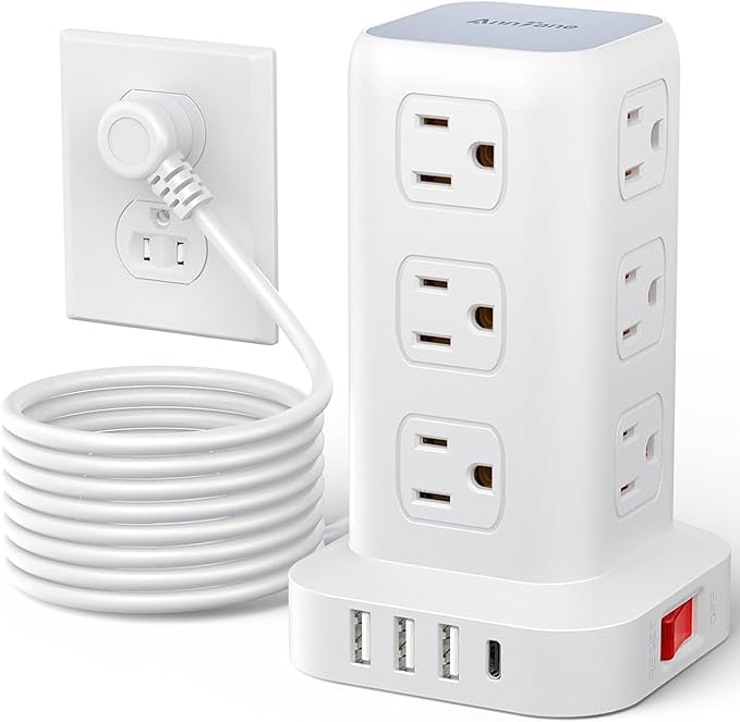 AnnTane Surge Protector Power Strip 10 FT Cord, Power Strip Tower with 4 USB Ports (1USB C), Extension Cord with 12 AC Multiple Outlets, Home Office Supplies Desk Accessories, Dorm Room Essentials