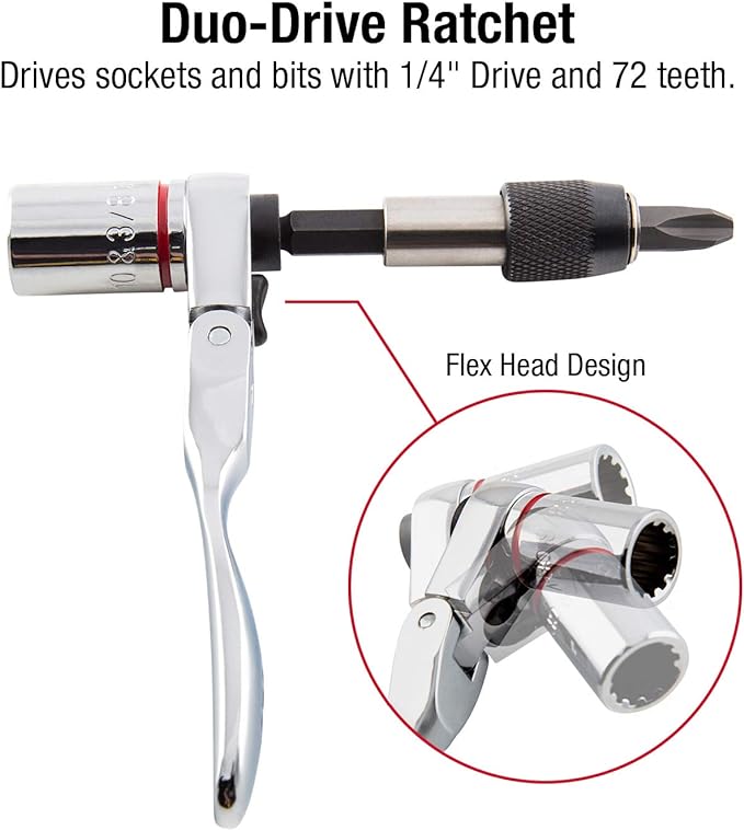 SUNEX TOOLS 9732 44Pc 1/4" Dr Mini Dual Flex Head RATCHET W Socket & Bit Set