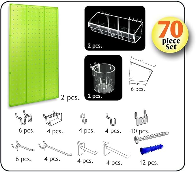Azar Displays 900945-GRE The DIY Multi-purpose 70-piece Pegboard Wall Organizer Kit with Two Panels and Accessory Assortment, Panel Sizes: 13.5” W x 22” H each, Green