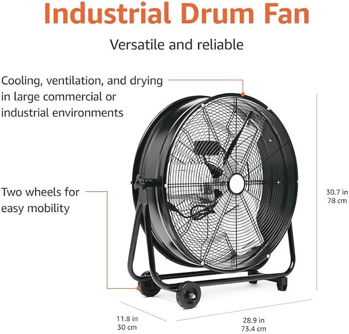 Amazon Basics 24" 215W High-Velocity, Heavy-Duty Industrial Fan, Drum Fan, with UL-Certified Safety Compliance, 2 Speeds, Up to 8820 CFM, 5.9-ft Power Cord, 2 Wheels, Metal Housing/Blades, Black