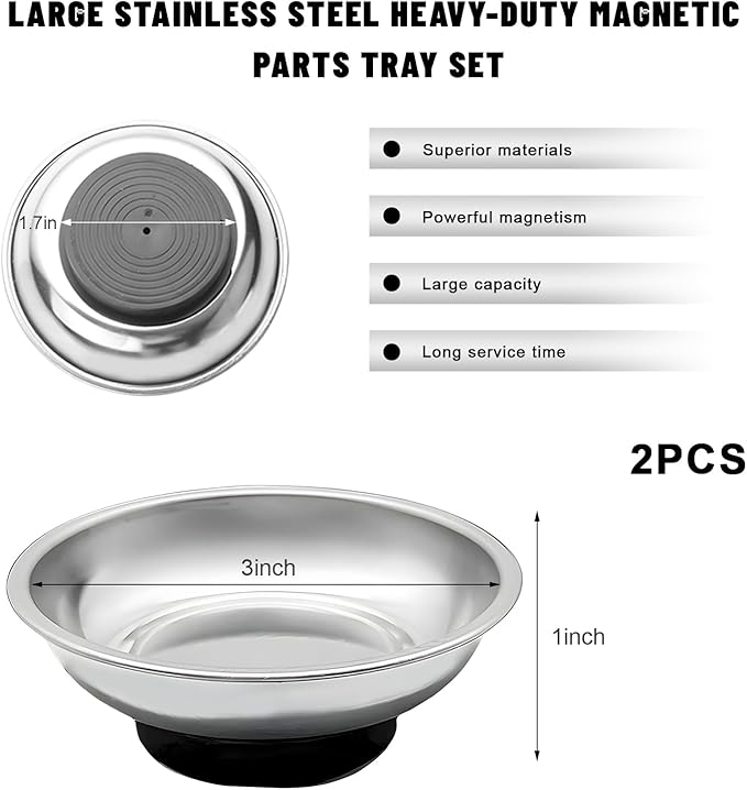 Sun Walker 2 PCS Magnetic Tray Holders, Stainless Steel Thickened Round Tray Set with Strong Magnet, Heavy Duty Magnetic Trays for Screws Bolts Nuts Washers Pins, Car Accessories (3" Round)