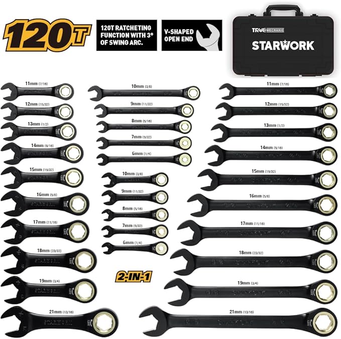STARWORK TRUE MECHANIC™ 30-Piece 2-IN-1 Ratcheting Wrench Set, 120-Tooth, SAE&Metric, Gift Series with Black case, Professional