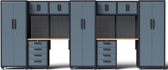 Garage Storage Cabinet System, 14PCS Workshop Set Garage Cabinets and Storage System with Steel Cabinet Drawers, Workbench, Pegboard for Tool Organization