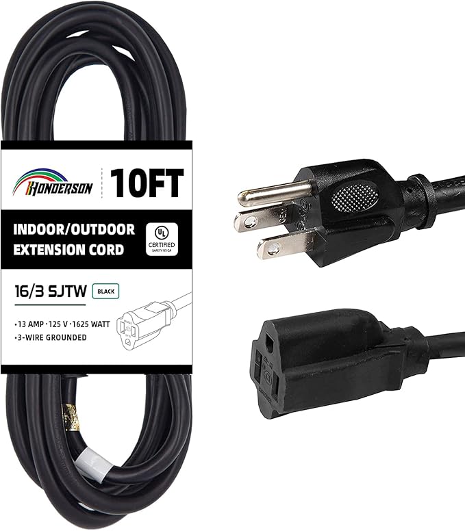 10FT Outdoor Extension Cord-16/3 SJTW Durable Black Extension Cord for Christmas Lights with 3 Prong Grounded Plug for Safety,Great for Outside Christmas Decorations