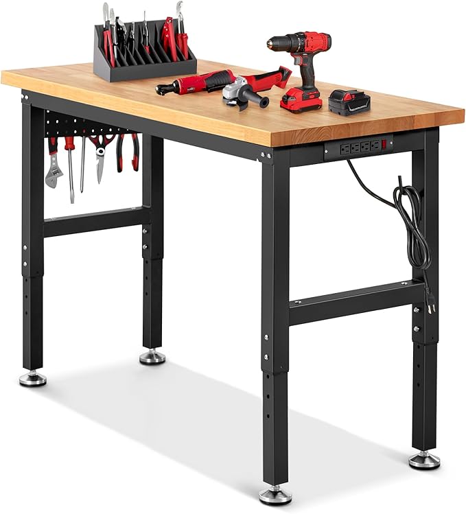 ENJOYWOOD 48" x 20" Garage Workbench Adjustable Height Work Table with Pegboard Heavy Duty Rubberwood Top Work Bench for Workshop, Office & Home