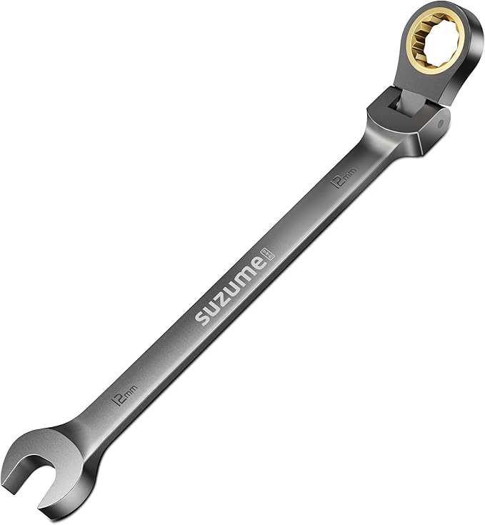 SUZUME 12mm Flex Head Ratcheting Wrench Metric 72 Teeth Cr-V Steel 15K+ Cycle Locked Gears with 180° Flexible Head Black Nickel Coating