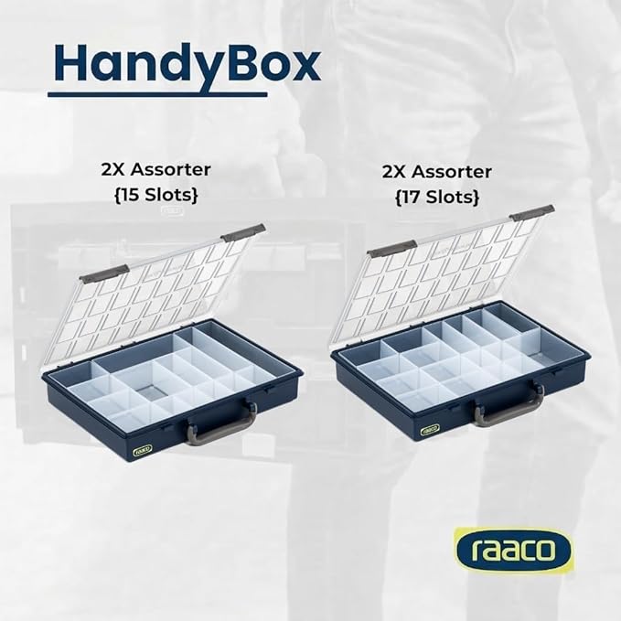 Raaco HandyBox Toolbox Storage & Carrying System – 4 Adjustable Grid Assorters, Durable Polypropylene (PP) Plastic Organizer for Hardware and Small Parts