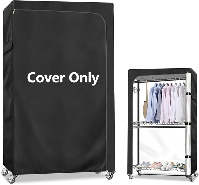 Rileytee Garment Rack Cover,600D Heavy Duty Waterproof Clothing Rack Cover,Clothes Rack Cover with Zipper for Metal Garment Rack(Black,46"W x 18"D x 80"H,Cover Only）