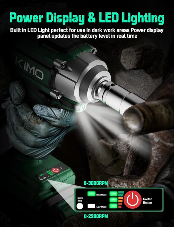 KIMO Cordless Impact Wrench, 1200N.m/900ft-lbs, 4000 RPM, 7Sockets High Torque Brushless Wrench with 3/8" Chuck, 4000mAh Li-ion Battery, Fast Charger, Variable Modes Power Impact Driver for Car Tires
