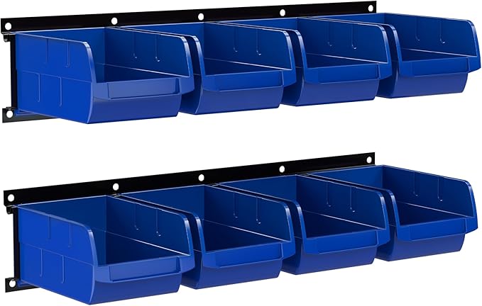 UNITEDPOWER wall mounted garage storage bin, Parts Rack, Plastic Hanging Stackable Storage Bin, Hardware Tool Organizer for workshop, Craft Room, school and Shop, 8 Bins&2 Rails (Blue), Large