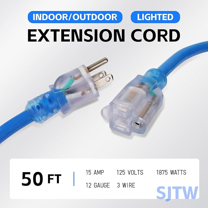 EP 50Ft Outdoor Extension Cord, 12/3 SJTW Heavy Duty Waterproof Power Cable, 3 Prong Grounded Plug, Lighted End, for Lawn, Garden, Appliances, Blue