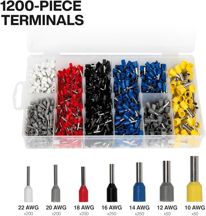Klein Tools 34061 Ferrule Crimping Tool Set with Ratcheting Hex Crimper Pliers, 1200 Wire Terminals (10-22 AWG), and Soft Carrying Case for Electrical Applications