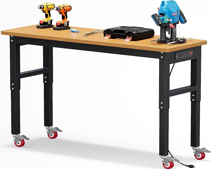 60" Heavy Duty Workbench with Wheels, 2200 LBS Capacity Height Adjustable Work Bench for Garage Bamboo Wood Work Table Work Station with Power Outlet & Pegboard for Garage, Office, Workshop